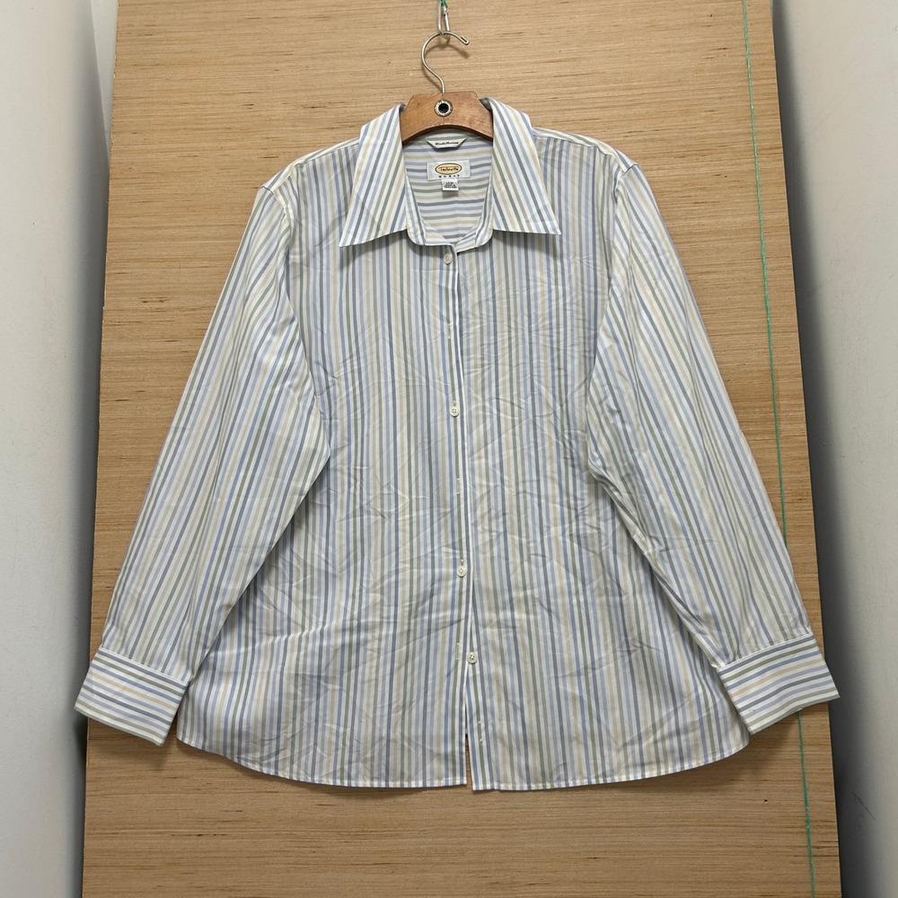 Talbots Woman Striped Button Down Shirt Blue Green Tan Wrinkle Resistant 16W